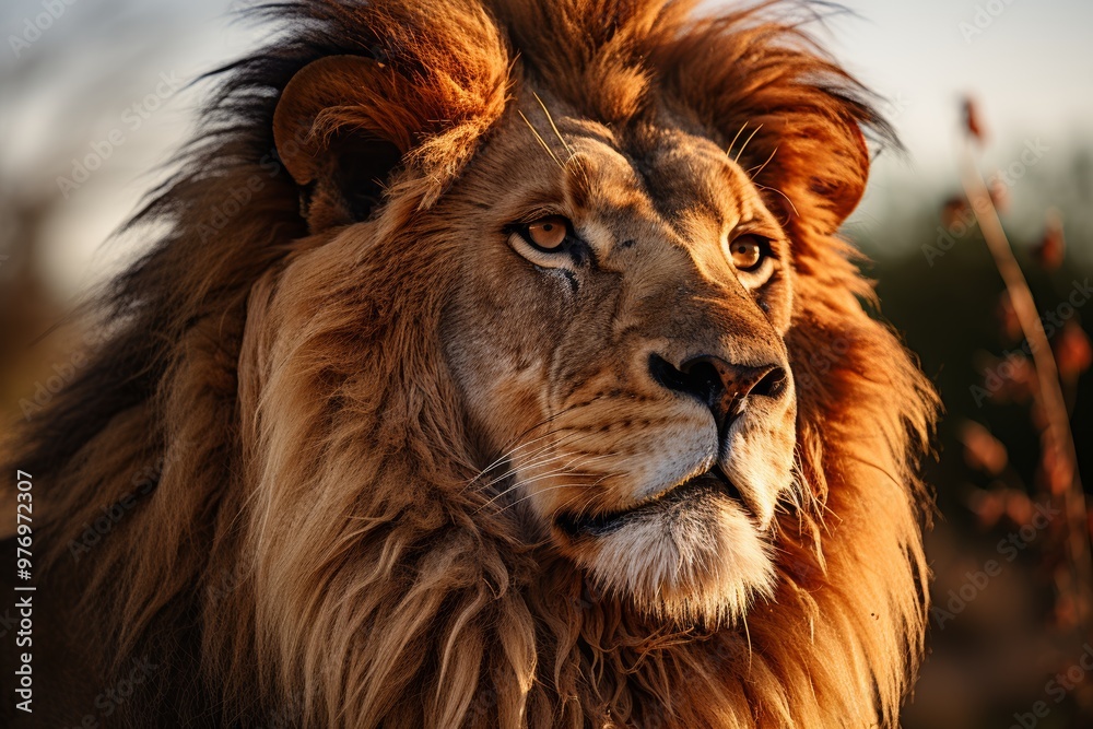 Naklejka premium A regal lion resting on the savannah, its golden mane illuminated by the sun