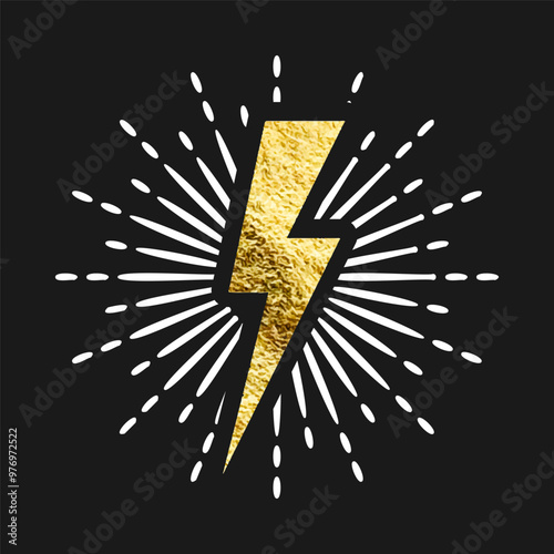 Vintage golden lightning bolt and sun rays. Gold foil texture. Lightning with sunburst effect. Thunderbolt, electric shock sign. Vector illustration