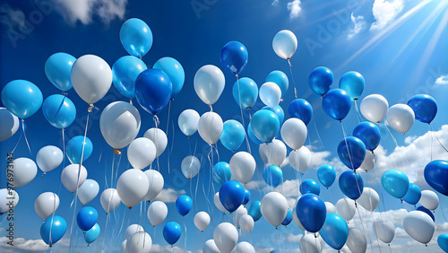 Blue and white balloons floating in the sky, celebration, decorations, party, festive, event, helium, festive, cheerful, festive