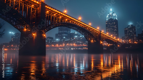 A steel bridge illuminated by streetlights, spanning a misty river with a cityscape in the background.