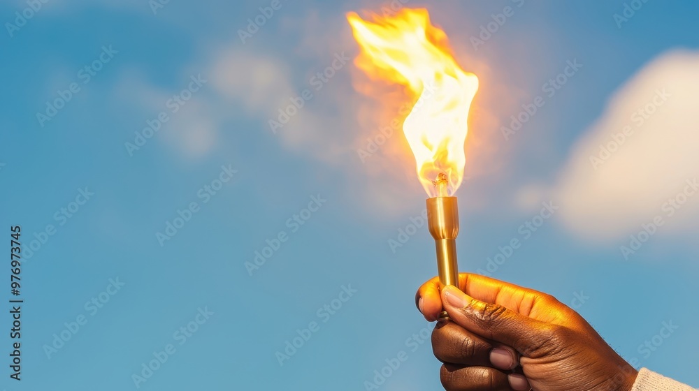 Hand Holding a Torch with Fire Against Blue Sky Hand Holding a Torch with Fire Against Blue Sky