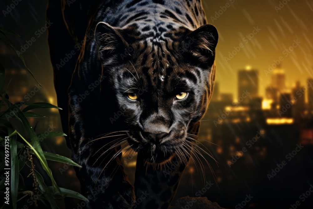 Black panther prowling through an urban jungle at night, representing nocturnal and unusual animals Black panther prowling through an urban jungle at night, representing nocturnal and unusual animals
