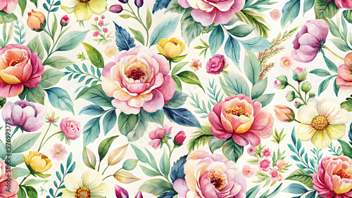 Wallpaper Mural Watercolor floral seamless pattern with hand painted flowers and leaves, watercolor, floral, seamless, pattern Torontodigital.ca