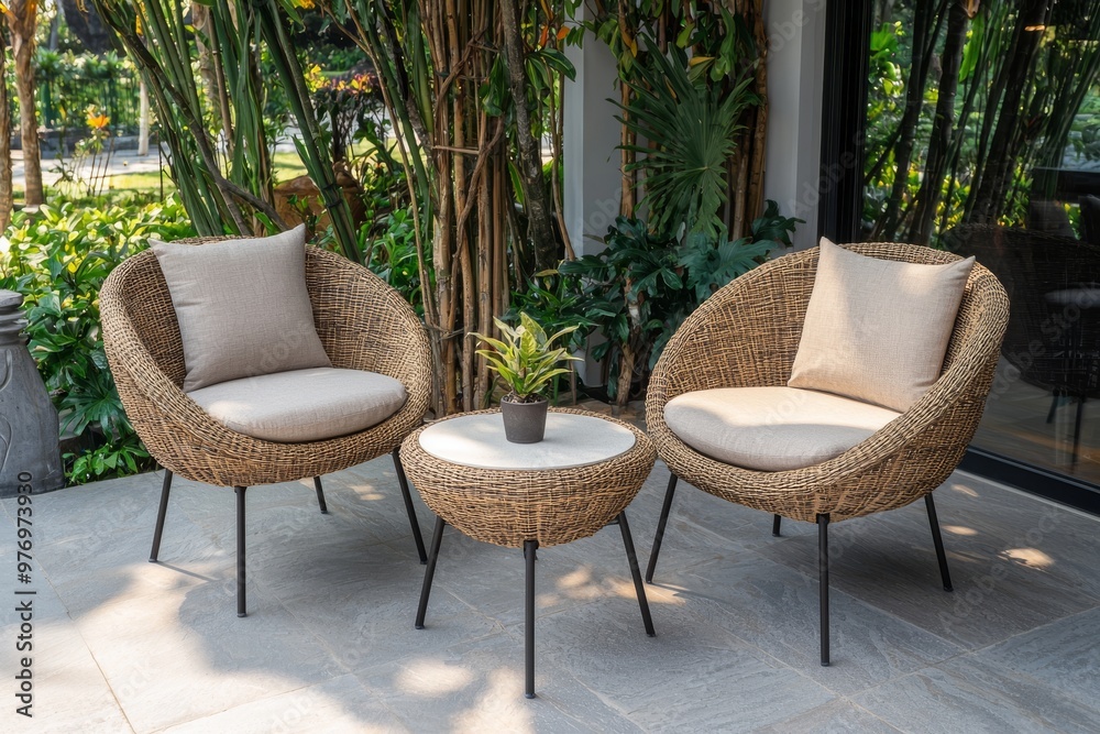 Fototapeta premium Indoor and outdoor furniture and accessories made from Rattan Plastic Wicker or Wooden Materials for hotels and homes with artistic ethnic and modern elegance