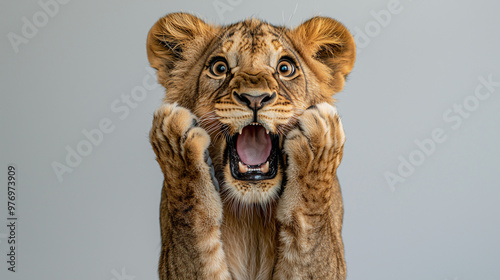 A surprised lion with its m...