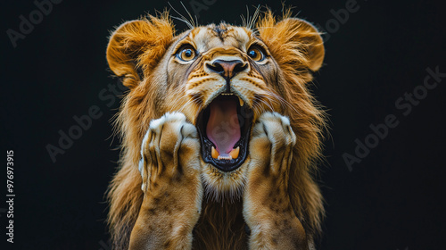A surprised lion with its m...
