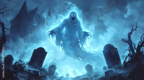 A ghost with a ghoulish grin, floating above a fog-covered graveyard with glowing tombstones and creeping vines.
