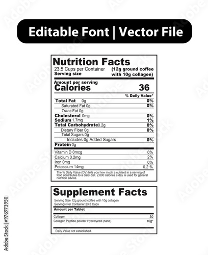 Vector Nutrition Facts or supplement facts Label reference Editable font