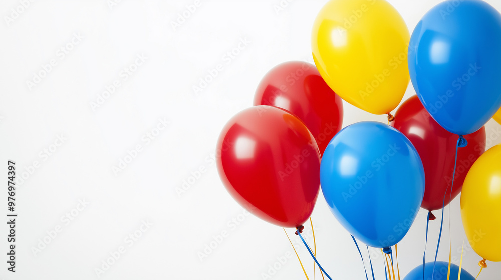 A bunch of colorful balloons tied together against a plain white background. A bunch of colorful balloons tied together against a plain white background.