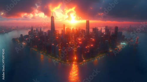 A stunning aerial view of a city skyline at sunset, with the sun setting behind the buildings.