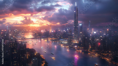 city, skyline, sunset, aerial