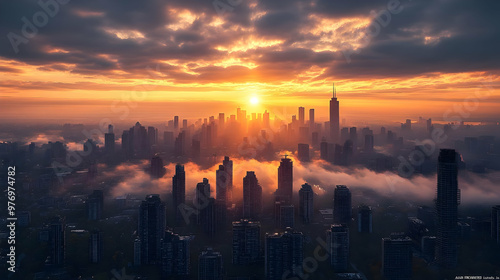 A stunning aerial view of a city skyline with a fiery sunset and clouds breaking through the skyscrapers.