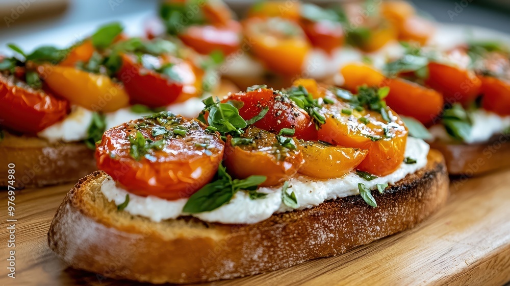 Close up of Toasted Bread Bruschetta with Tomatoes Basil and Cream Cheese Close up of Toasted Bread Bruschetta with Tomatoes Basil and Cream Cheese