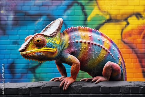 Chameleon with vivid rainbow hues blending into an urban wall, capturing animals with unusual colors in urban settings photo