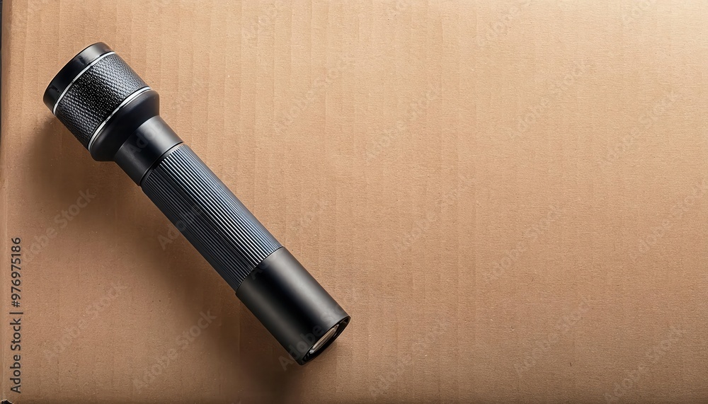 A black flashlight lays on a brown wooden surface. A black flashlight lays on a brown wooden surface.