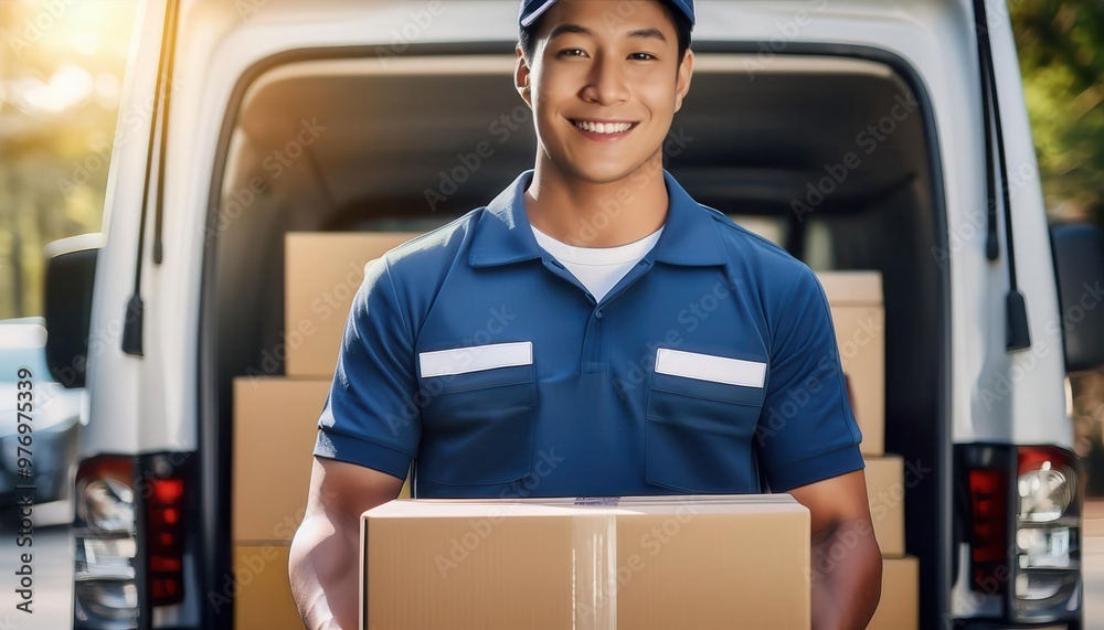 Smiling delivery driver holding a package in front of his van. Smiling delivery driver holding a package in front of his van.
