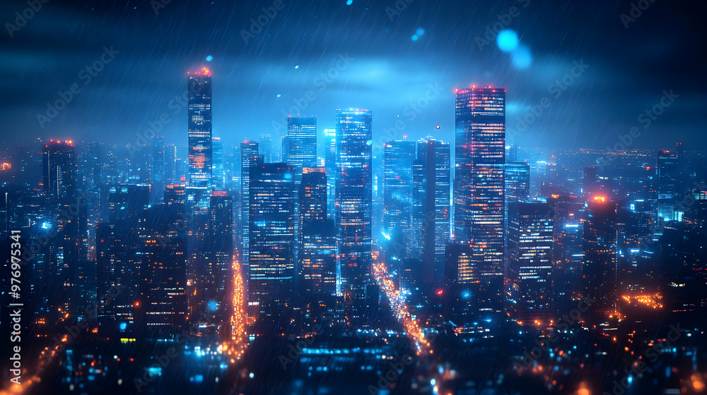 A stunning aerial view of a futuristic city skyline at night with neon lights and a rain effect. A stunning aerial view of a futuristic city skyline at night with neon lights and a rain effect.