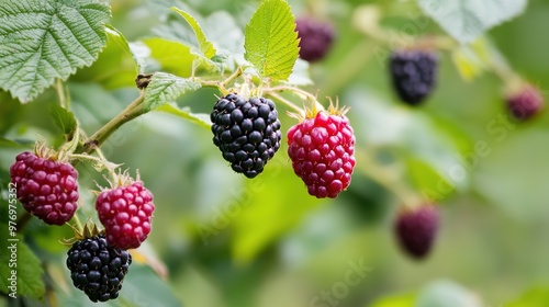 A vibrant depiction of berry bushes laden with ripe, colorful berries, showcasing nature's abundance. This image highlights the lush foliage and fruit, ideal for themes related to gardening, 