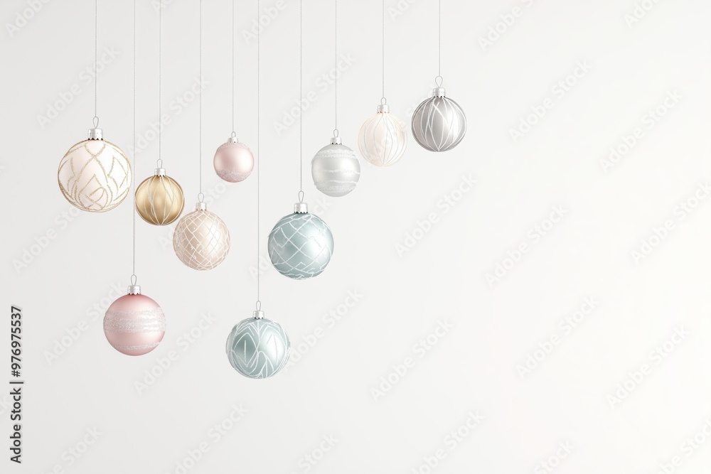 Christmas Ornaments in Silver, Gold, and Pink Hanging Against a Soft White Background Christmas Ornaments in Silver, Gold, and Pink Hanging Against a Soft White Background