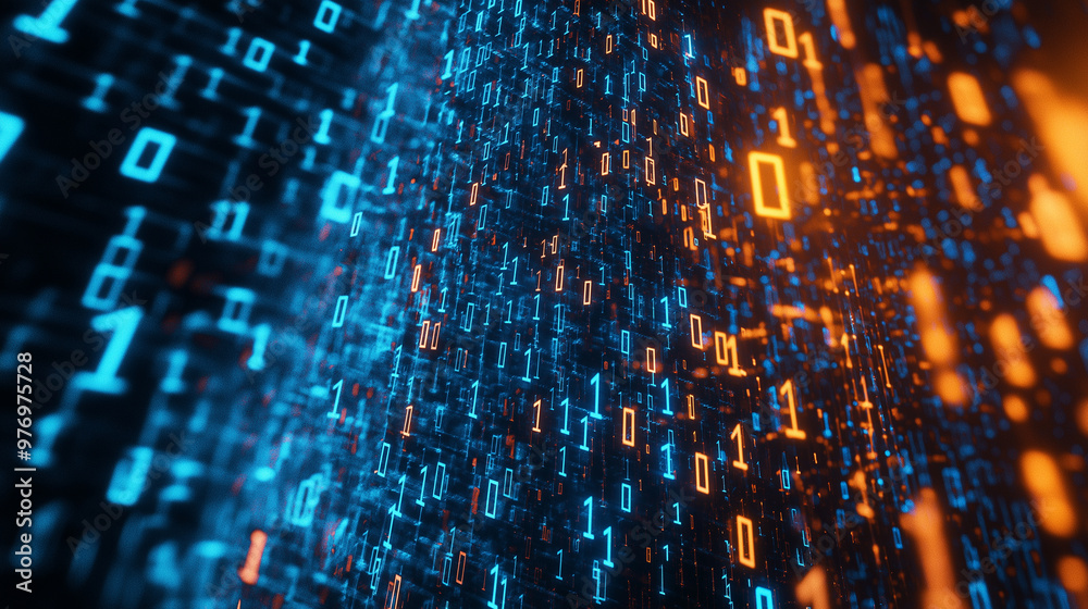 Obraz premium Glowing blue and orange data streams flowing in a futuristic digital landscape.