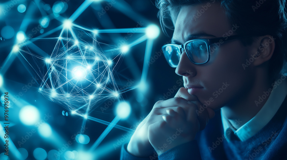 A man in deep thought analyzing a glowing network of digital connections, symbolizing technological innovation. A man in deep thought analyzing a glowing network of digital connections, symbolizing technological innovation.