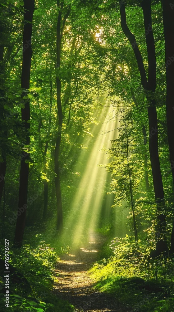 A serene forest path bathed in sunlight, showcasing the beauty of nature and tranquility within lush green surroundings. A serene forest path bathed in sunlight, showcasing the beauty of nature and tranquility within lush green surroundings.