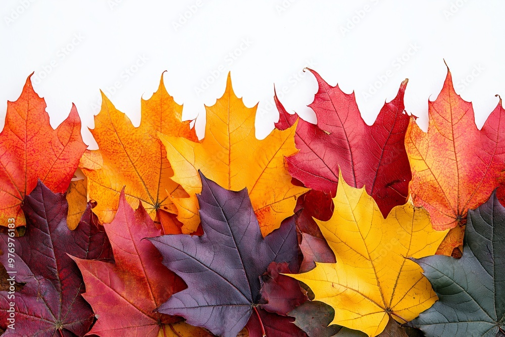 A row of colorful autumn leaves are arranged in a pattern. The leaves are of various colors, including red, orange, and yellow. The arrangement of the leaves creates a sense of warmth and vibrancy A row of colorful autumn leaves are arranged in a pattern. The leaves are of various colors, including red, orange, and yellow. The arrangement of the leaves creates a sense of warmth and vibrancy