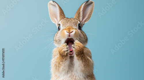 A surprised rabbit with its...