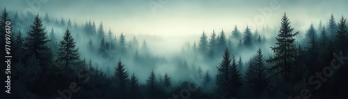 Eerie forest landscape shrouded in mist, showcasing tall pine trees and a mysterious atmosphere ideal for nature-themed projects.