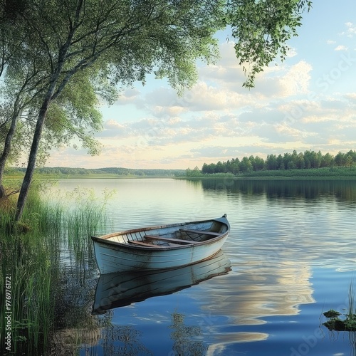 A serene landscape featuring a tranquil boat floating on calm waters surrounded by lush greenery and a beautiful sky.