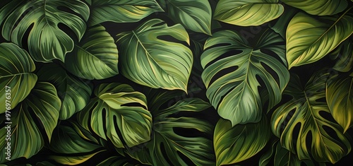 Lush tropical foliage featuring vibrant green monstera leaves with intricate patterns and deep shadows, creating a rich natural background full of tropical jungle vibes and exotic beauty