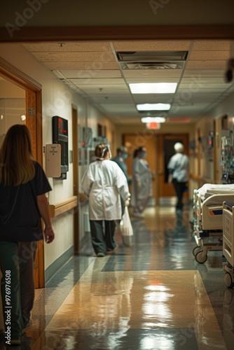 Medical Professionals in Hospital Hallway Featuring Busy Nurses at Work