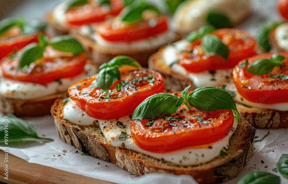 Close-up of gourmet bruschetta topped with fresh mozzarella, juicy tomato slices, and basil leaves, garnished with herbs and seasoning. Close-up of gourmet bruschetta topped with fresh mozzarella, juicy tomato slices, and basil leaves, garnished with herbs and seasoning.