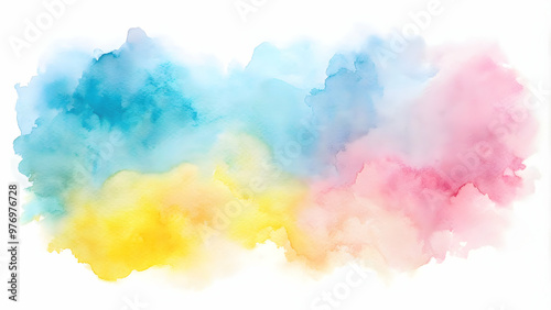 Abstract watercolor painting with light blue, pink, and yellow washes and soft irregular lines on white background, watercolor