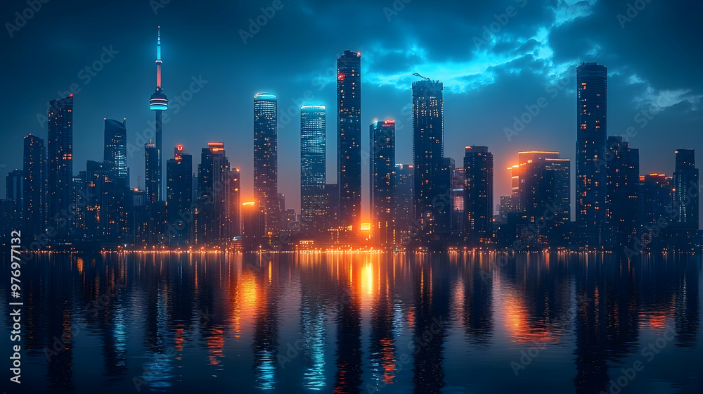 A stunning cityscape at dusk with tall skyscrapers reflected in the water. A stunning cityscape at dusk with tall skyscrapers reflected in the water.