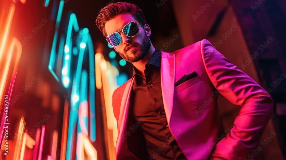 Fototapeta premium Man in Pink Suit Against Neon Lights