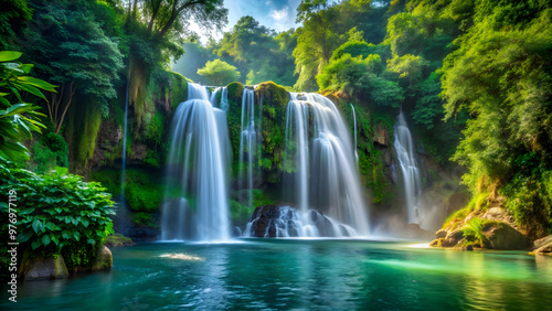 Majestic waterfall with cascading water, surrounded by lush greenery, waterfall, majestic, nature, scenic