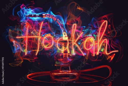 Dynamic and colorful neon 'Hookah' sign with swirling smoke and vibrant lights, capturing the lively energy of hookah lounges and nightlife entertainment photo