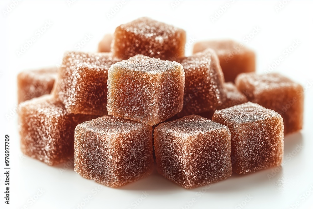 A pile of brown sugar cubes. The cubes are piled on top of each other. The pile is on a white surface A pile of brown sugar cubes. The cubes are piled on top of each other. The pile is on a white surface