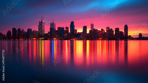 A stunning cityscape skyline with colorful reflections in the water at sunset.