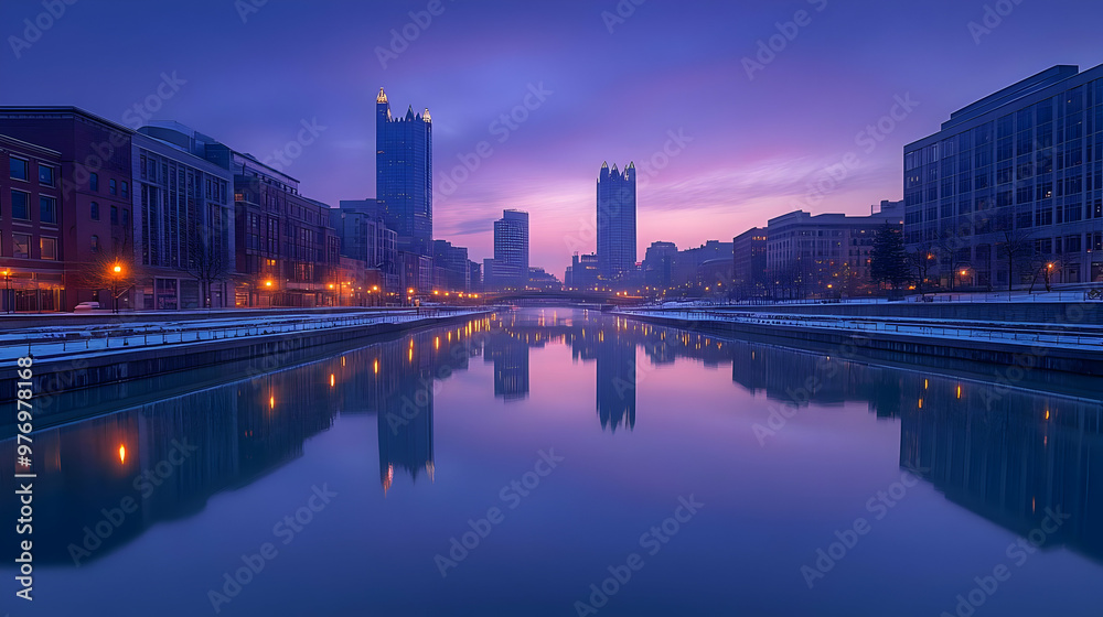Obraz premium A stunning cityscape with modern skyscrapers reflected in the calm waters of a river at dawn. The sky is a vibrant purple and pink, creating a beautiful contrast with the buildings.