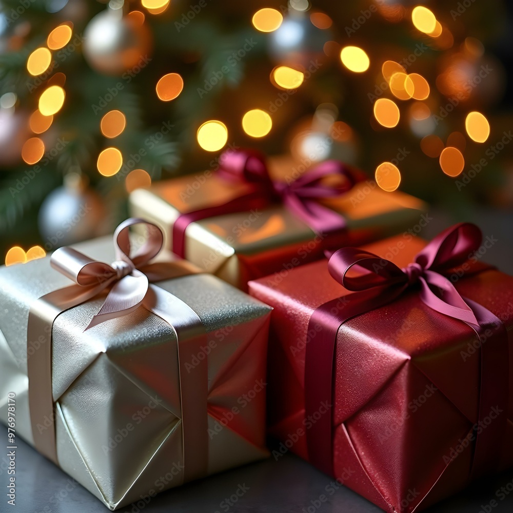 A close-up of luxury gift boxes in shimmering metallic wrapping paper silver, gold, and deep red—tied with satin ribbons. A close-up of luxury gift boxes in shimmering metallic wrapping paper silver, gold, and deep red—tied with satin ribbons.