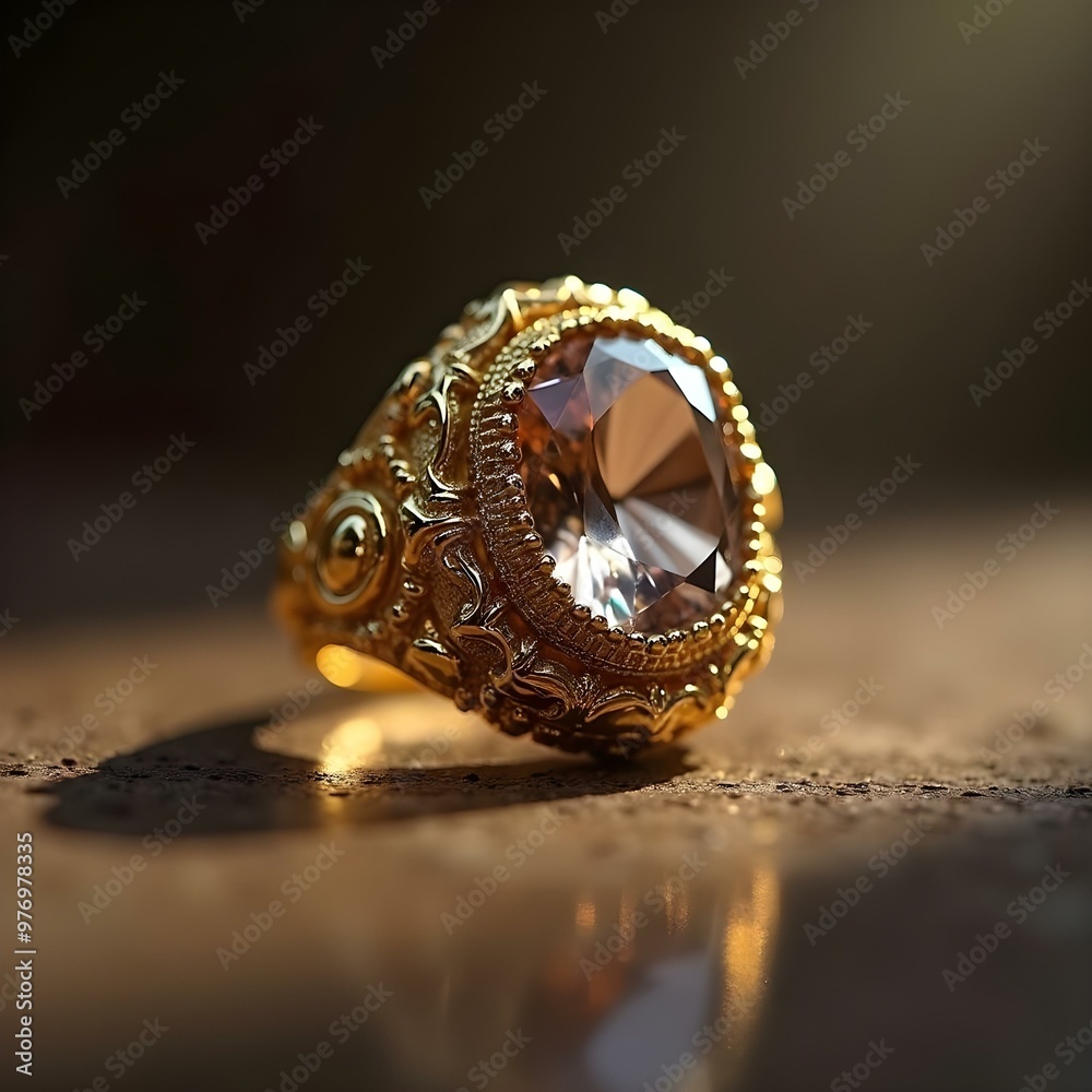 A macro close-up of a beautifully crafted gold ring with a large gemstone centerpiece. The camera is positioned at an angle to emphasize the ring’s texture A macro close-up of a beautifully crafted gold ring with a large gemstone centerpiece. The camera is positioned at an angle to emphasize the ring’s texture