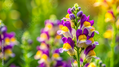 Purple and yellow common toadflax flower with green leaves, wildflower, nature, plant, linaria, vulgaris, common toadflax, purple photo