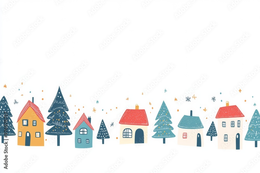 Christmas village houses and pine trees on a white background Christmas village houses and pine trees on a white background