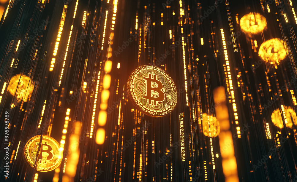 Obraz premium Multiple glowing golden Bitcoin coins against a futuristic digital background, symbolizing wealth and finance.
