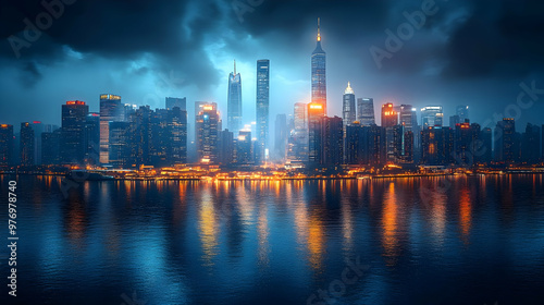 A stunning night cityscape with a dramatic sky reflecting on the water.