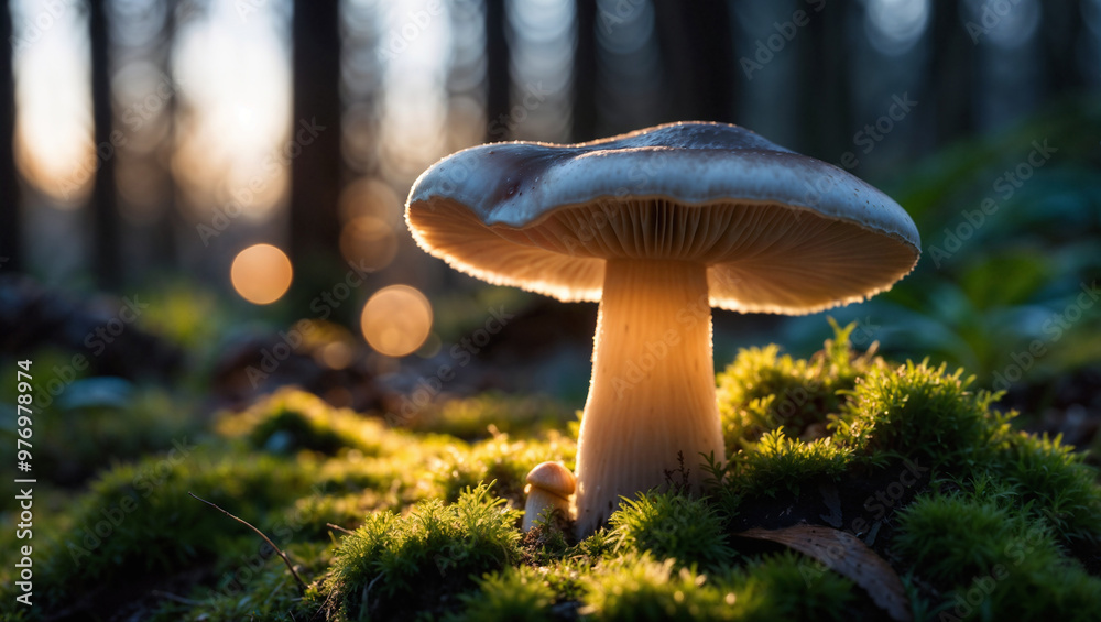 Fototapeta premium Fungo illuminato dalla luce, circondato dal muschio in un bosco