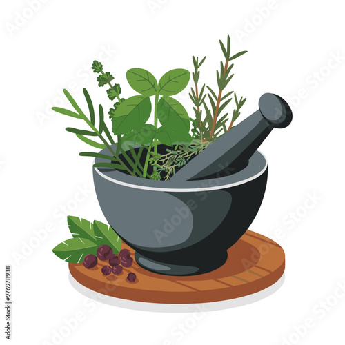 Herbs and Spices in Mortar and Pestle Illustration