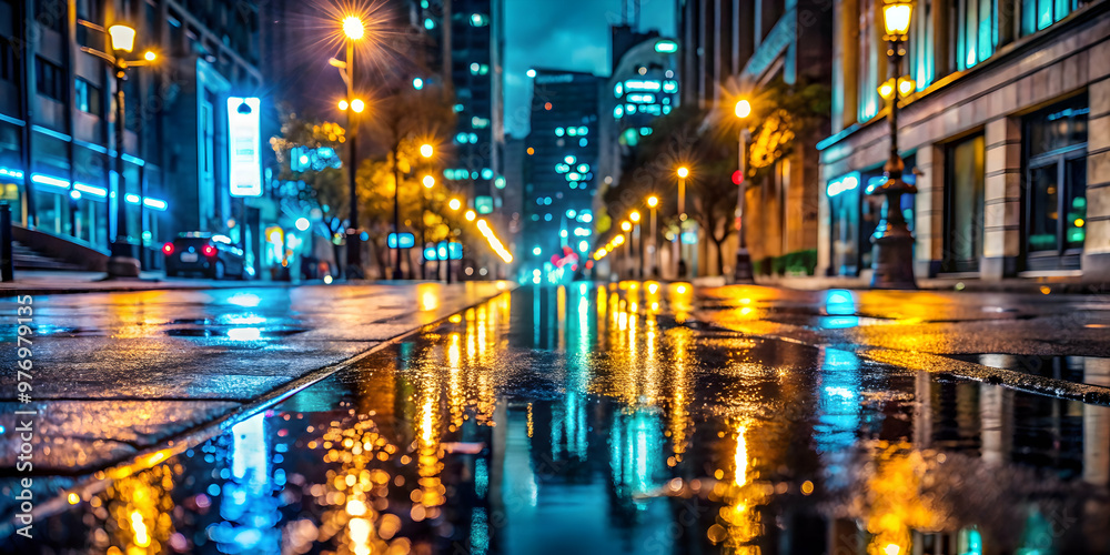Street in the night with glowing city lights reflecting off wet pavement , urban, nightlife, cityscape, illuminated, road